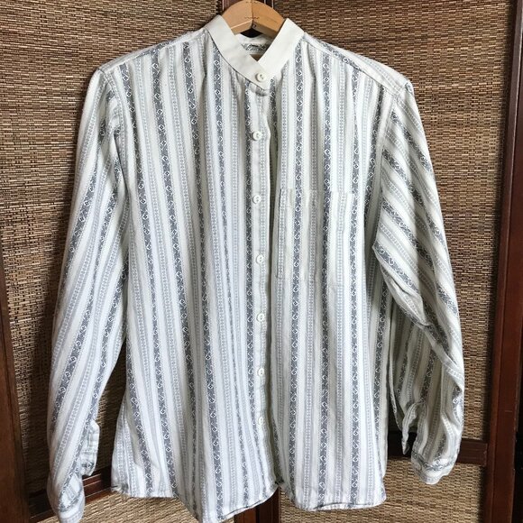 Wah Maker Nehru Collar Button-Down Shirt: Vintage 80s Paisley Navy White Size M - Picture 6 of 10